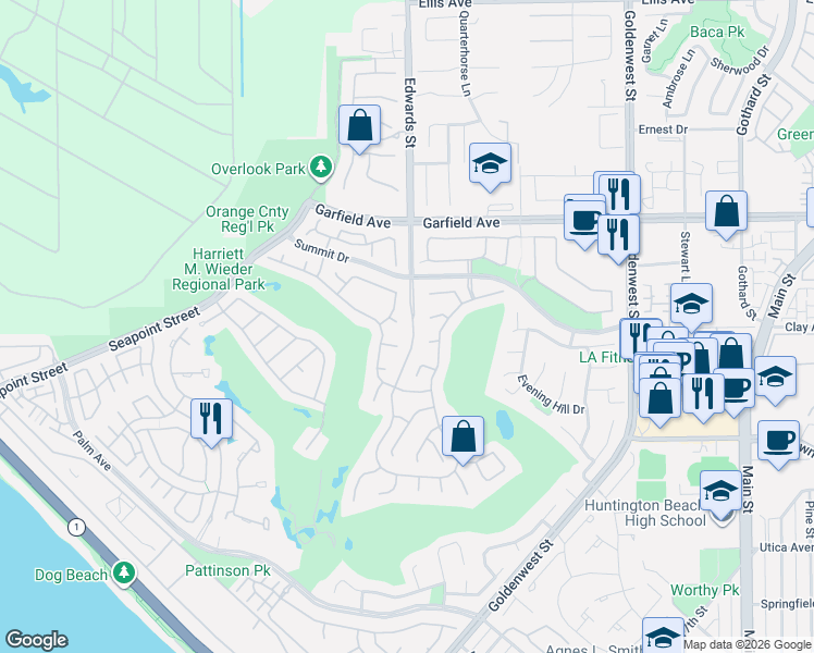 map of restaurants, bars, coffee shops, grocery stores, and more near 6471 Glenview Circle in Huntington Beach