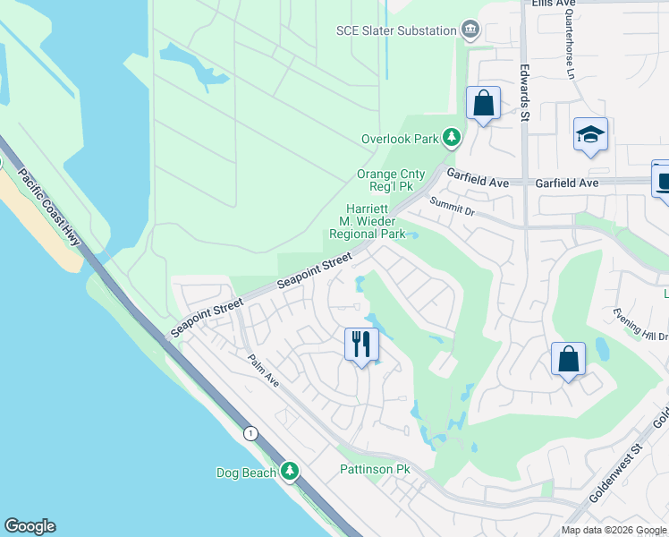 map of restaurants, bars, coffee shops, grocery stores, and more near 19215 Woodlands Drive in Huntington Beach