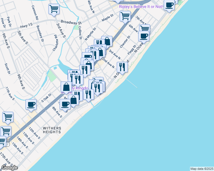 map of restaurants, bars, coffee shops, grocery stores, and more near 101 South Ocean Boulevard in Myrtle Beach