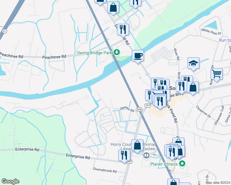 map of restaurants, bars, coffee shops, grocery stores, and more near 46 Jamiso Road in Myrtle Beach