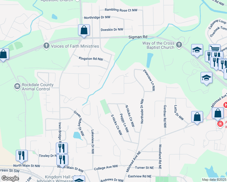 map of restaurants, bars, coffee shops, grocery stores, and more near 1453 Reagan Circle Northwest in Conyers