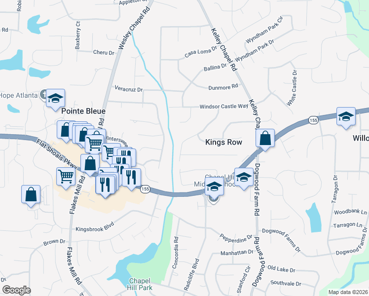 map of restaurants, bars, coffee shops, grocery stores, and more near 3481 Charlemagne Drive in Decatur