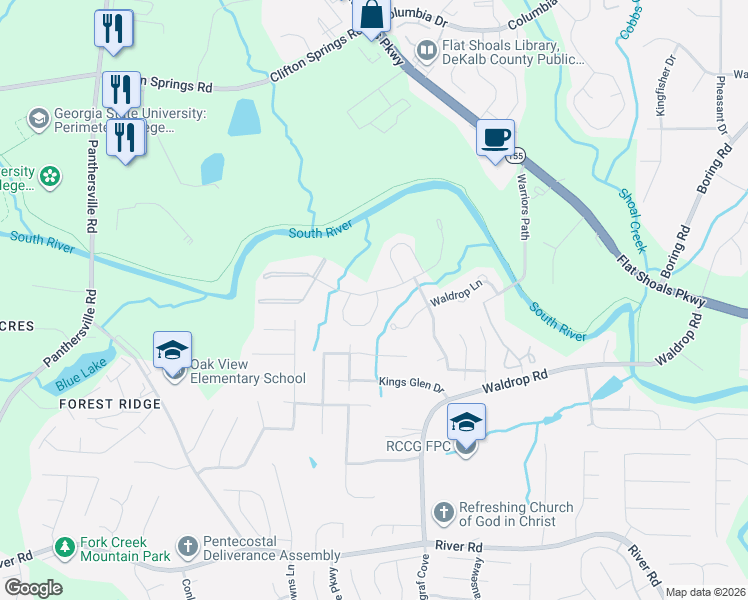 map of restaurants, bars, coffee shops, grocery stores, and more near 3516 Waldrop Trail in Decatur