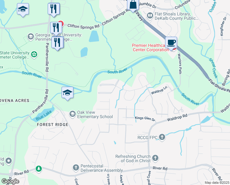 map of restaurants, bars, coffee shops, grocery stores, and more near 3487 Waldrop Trail in Decatur