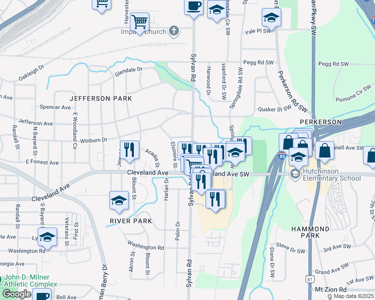 map of restaurants, bars, coffee shops, grocery stores, and more near in East Point
