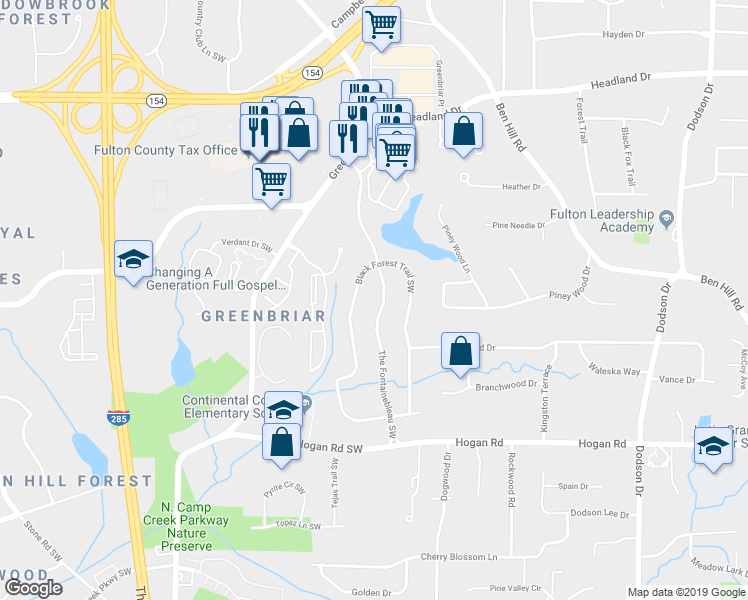 map of restaurants, bars, coffee shops, grocery stores, and more near 2509C Black Forest Trail Southwest in Atlanta