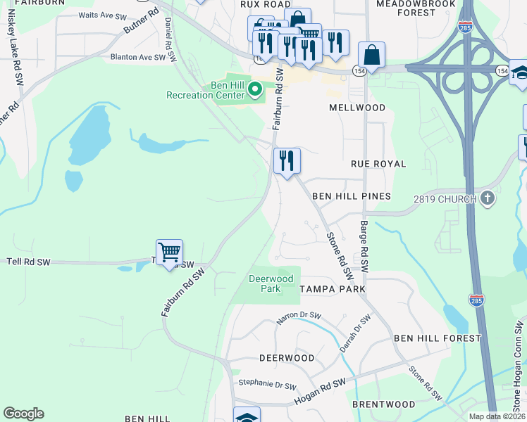 map of restaurants, bars, coffee shops, grocery stores, and more near 2636 Fairburn Road Southwest in Atlanta