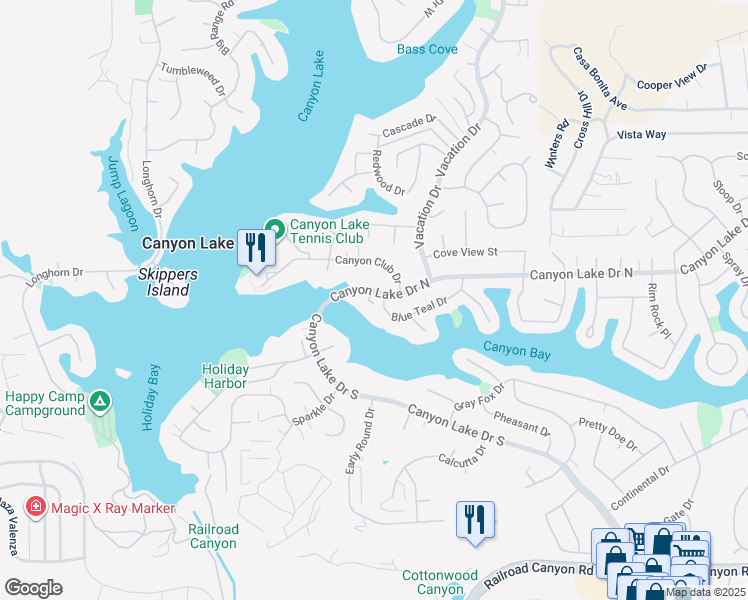 map of restaurants, bars, coffee shops, grocery stores, and more near 22581 Canyon Lake Drive North in Canyon Lake