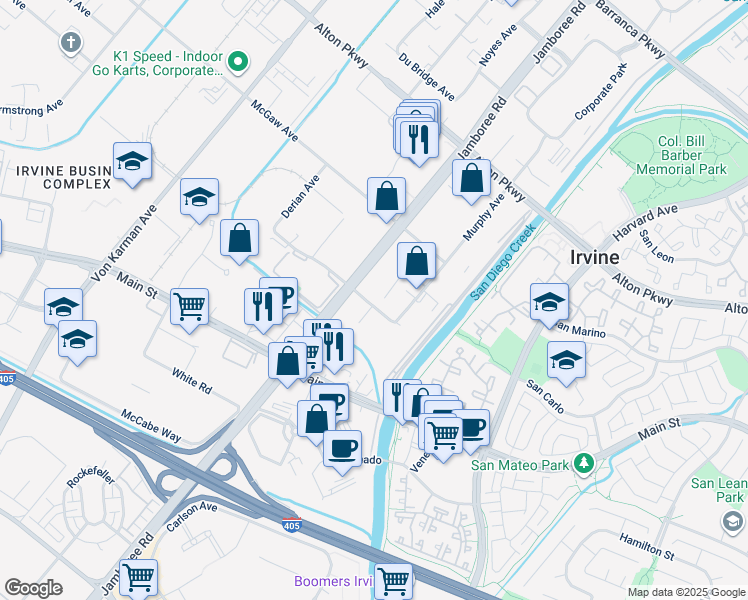 map of restaurants, bars, coffee shops, grocery stores, and more near 2853 Kelvin Avenue in Irvine