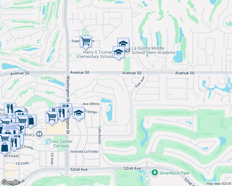 map of restaurants, bars, coffee shops, grocery stores, and more near 50300 Spyglass Hill Drive in La Quinta