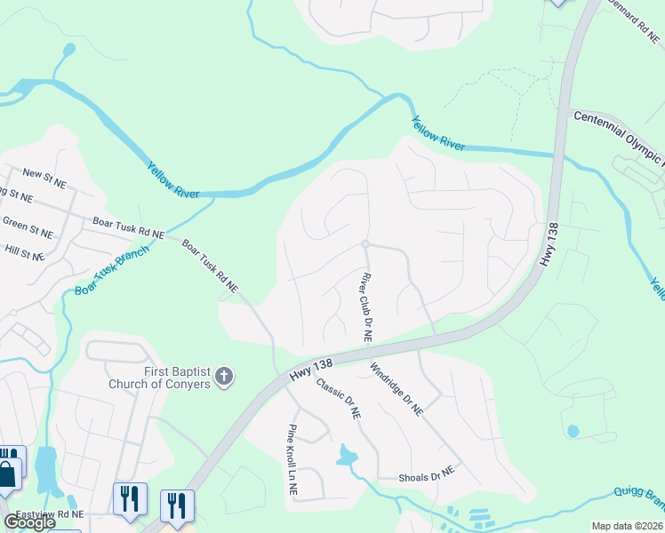 map of restaurants, bars, coffee shops, grocery stores, and more near 1125 River Tusk Place Northeast in Conyers