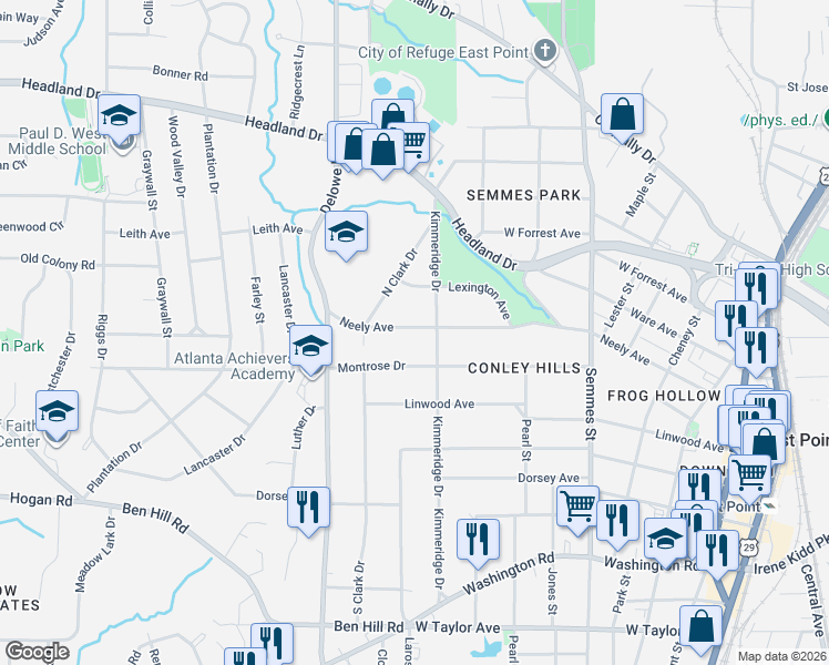 map of restaurants, bars, coffee shops, grocery stores, and more near 2023 Montrose Drive in East Point