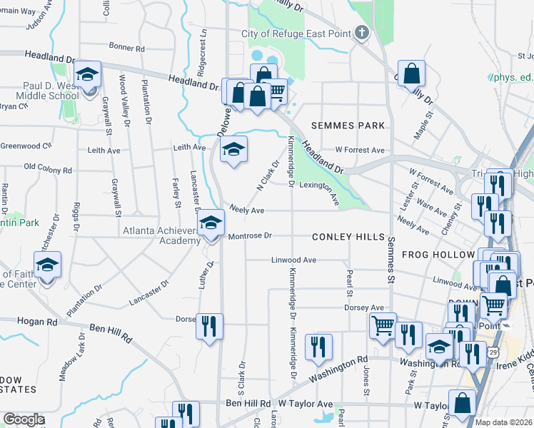 map of restaurants, bars, coffee shops, grocery stores, and more near 2023 Montrose Drive in East Point