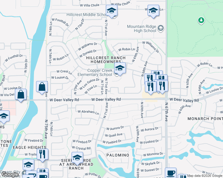 map of restaurants, bars, coffee shops, grocery stores, and more near 7020 West Via Del Sol Drive in Glendale