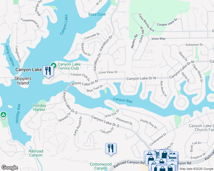 map of restaurants, bars, coffee shops, grocery stores, and more near 30201 Red Lure Place in Canyon Lake