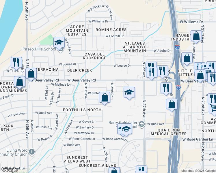 map of restaurants, bars, coffee shops, grocery stores, and more near 3016 West Salter Drive in Phoenix