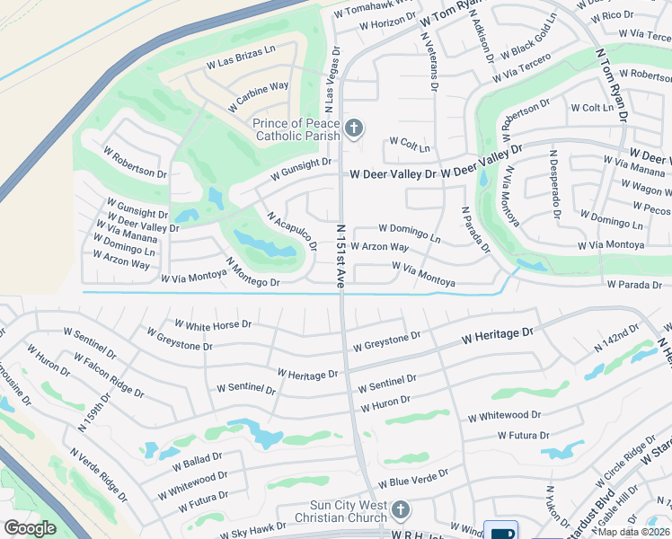 map of restaurants, bars, coffee shops, grocery stores, and more near 15106 West Horseman Lane in Sun City West