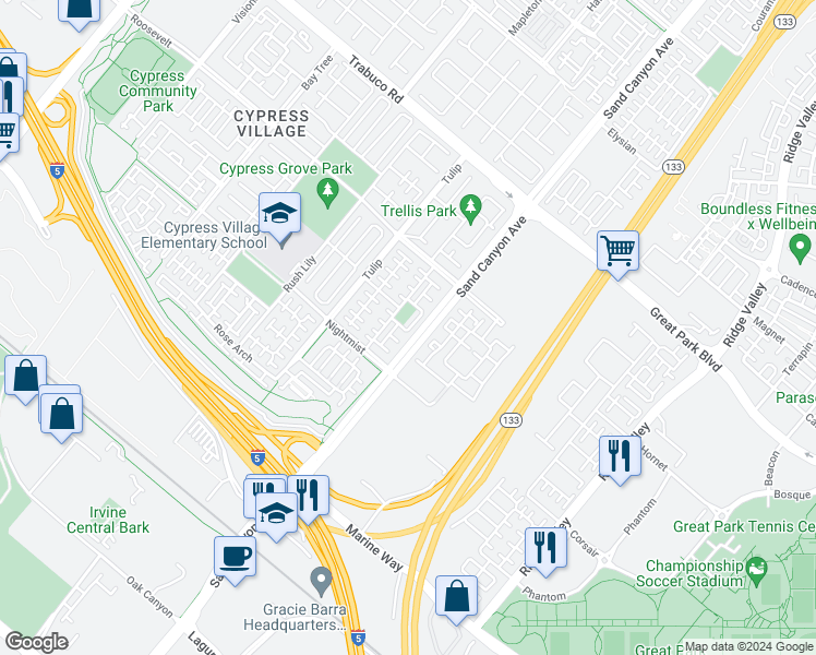 map of restaurants, bars, coffee shops, grocery stores, and more near 51 Zen Garden in Irvine