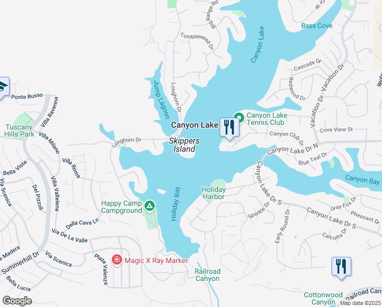 map of restaurants, bars, coffee shops, grocery stores, and more near 22162 Treasure Island Drive in Canyon Lake