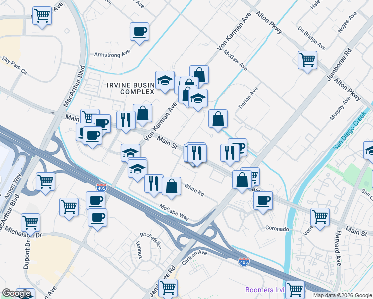 map of restaurants, bars, coffee shops, grocery stores, and more near 2555 Main Street in Irvine