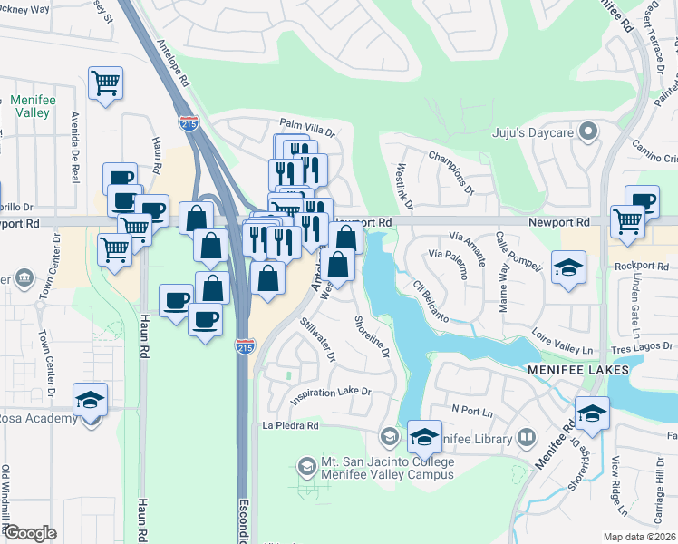 map of restaurants, bars, coffee shops, grocery stores, and more near 30174 Westlake Drive in Menifee
