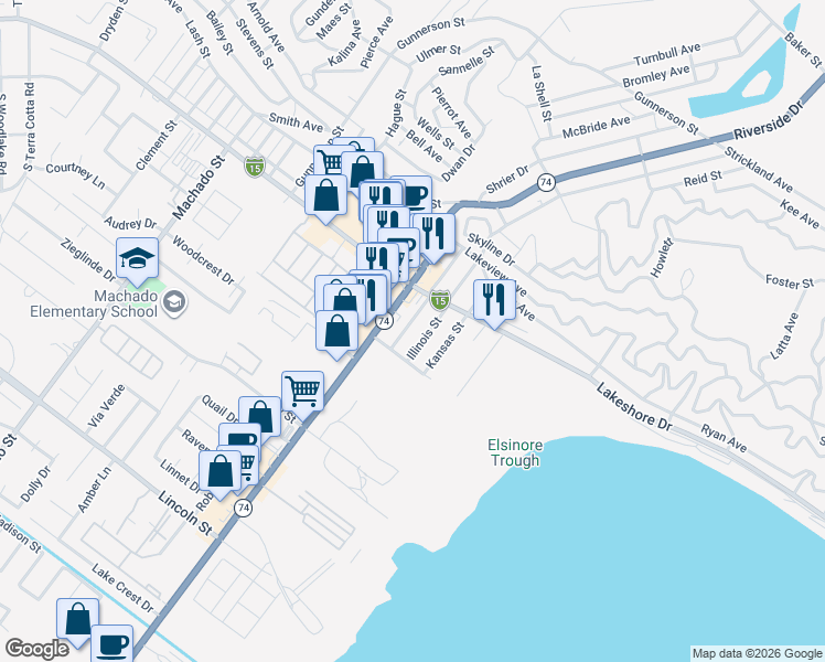 map of restaurants, bars, coffee shops, grocery stores, and more near 31156 Illinois Street in Lake Elsinore