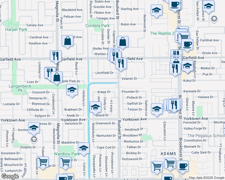 map of restaurants, bars, coffee shops, grocery stores, and more near 19292 Steven Lane in Huntington Beach