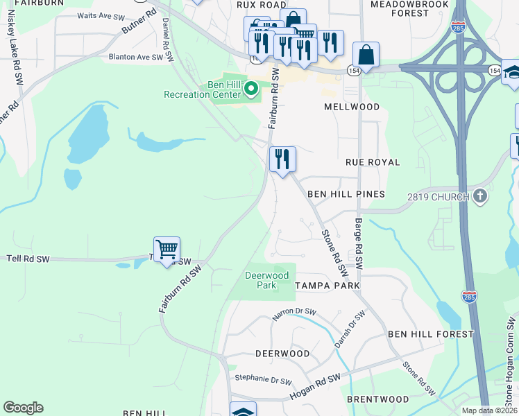 map of restaurants, bars, coffee shops, grocery stores, and more near 2636 Fairburn Road Southwest in Atlanta
