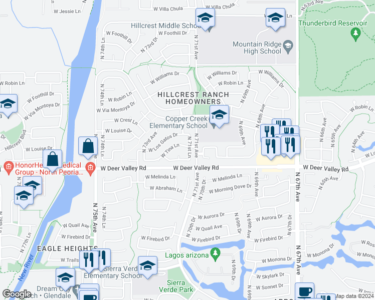 map of restaurants, bars, coffee shops, grocery stores, and more near 7153 West Tina Lane in Glendale