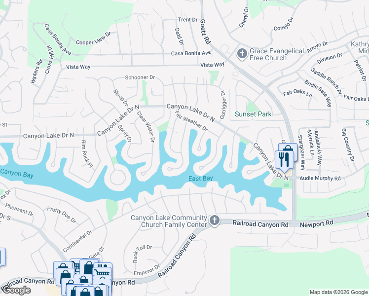 map of restaurants, bars, coffee shops, grocery stores, and more near 30182 Point Marina Drive in Canyon Lake