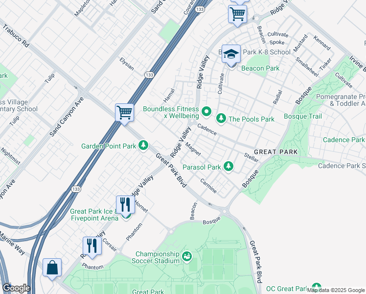 map of restaurants, bars, coffee shops, grocery stores, and more near 125 Interval in Irvine