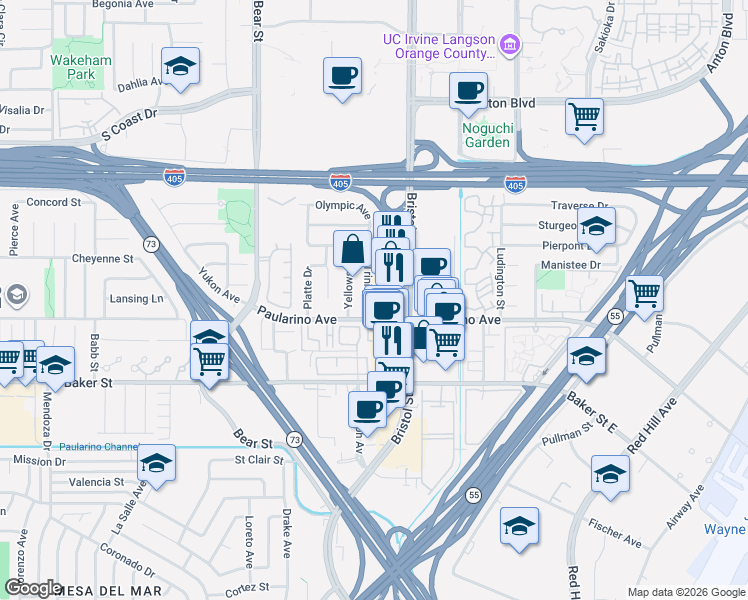 map of restaurants, bars, coffee shops, grocery stores, and more near 720 Paularino Avenue in Costa Mesa