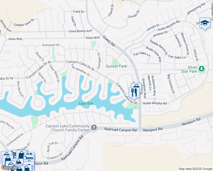 map of restaurants, bars, coffee shops, grocery stores, and more near 30154 White Wake Drive in Canyon Lake