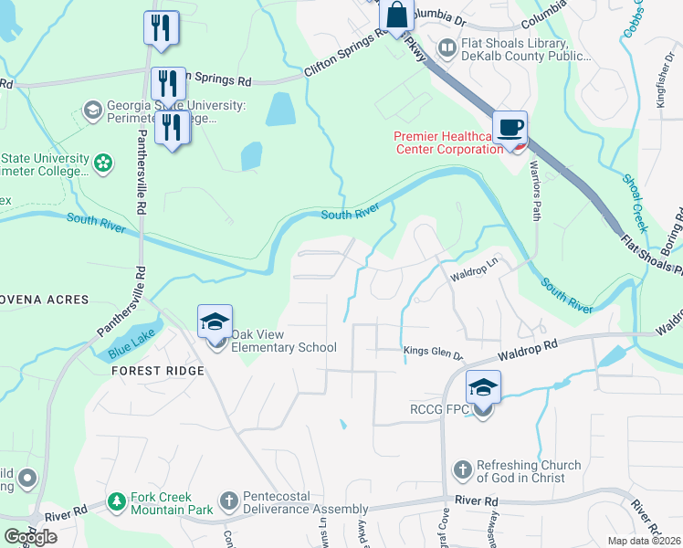 map of restaurants, bars, coffee shops, grocery stores, and more near 3487 Waldrop Trail in Decatur