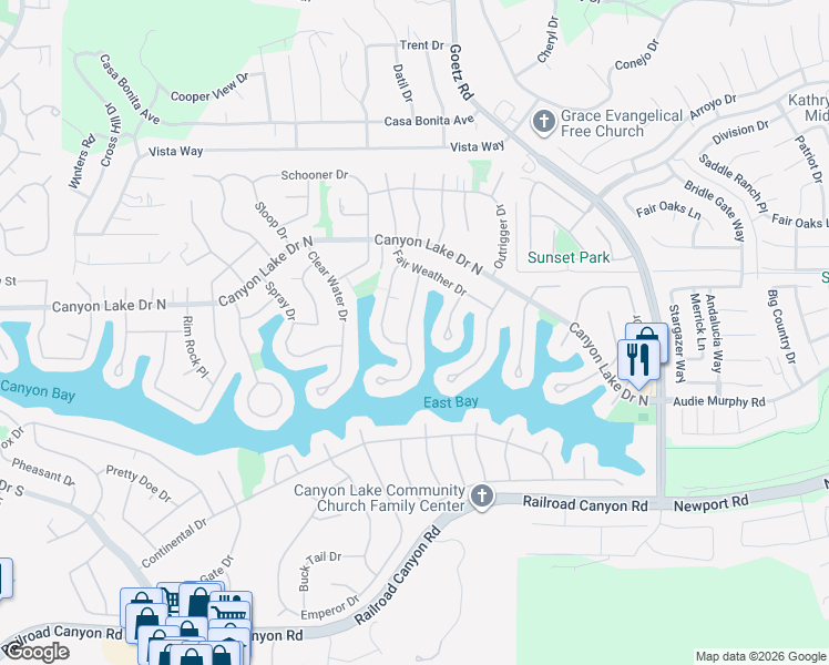 map of restaurants, bars, coffee shops, grocery stores, and more near 30182 Point Marina Drive in Canyon Lake