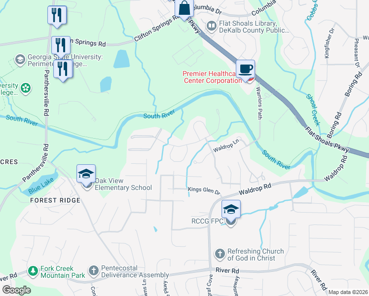 map of restaurants, bars, coffee shops, grocery stores, and more near 3436 Waldrop Trail in Decatur