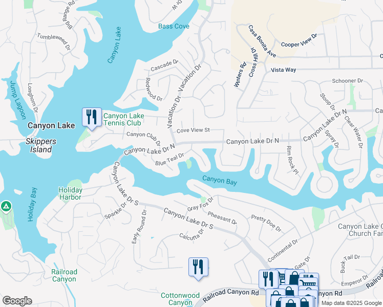 map of restaurants, bars, coffee shops, grocery stores, and more near 30201 Red Lure Place in Canyon Lake