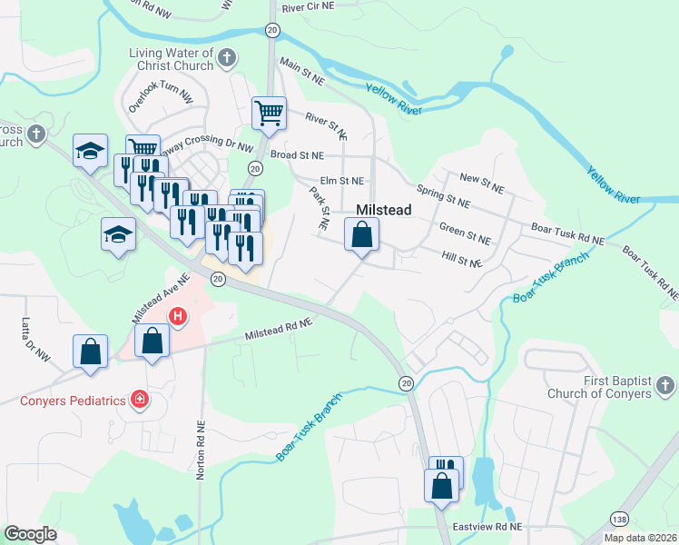 map of restaurants, bars, coffee shops, grocery stores, and more near 1600 Milstead Road Northeast in Conyers