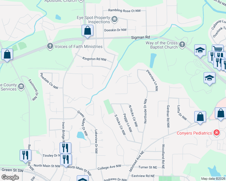 map of restaurants, bars, coffee shops, grocery stores, and more near 1436 Reagan Circle Northwest in Conyers