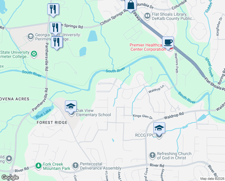 map of restaurants, bars, coffee shops, grocery stores, and more near 3487 Waldrop Trail in Decatur
