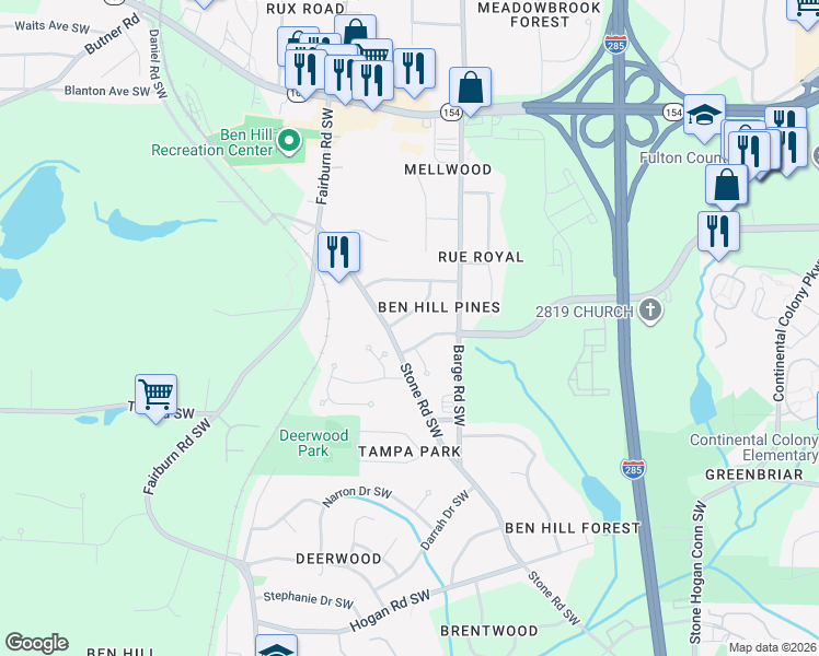 map of restaurants, bars, coffee shops, grocery stores, and more near 3651 Hampshire Park Way in Atlanta