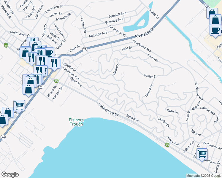 map of restaurants, bars, coffee shops, grocery stores, and more near Lakeview Avenue in Lake Elsinore