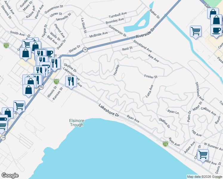 map of restaurants, bars, coffee shops, grocery stores, and more near in Lake Elsinore