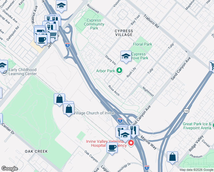 map of restaurants, bars, coffee shops, grocery stores, and more near 144 Rose Arch in Irvine