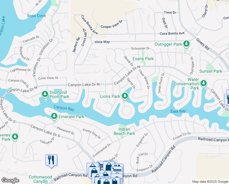 map of restaurants, bars, coffee shops, grocery stores, and more near 30158 Gulf Stream Drive in Canyon Lake