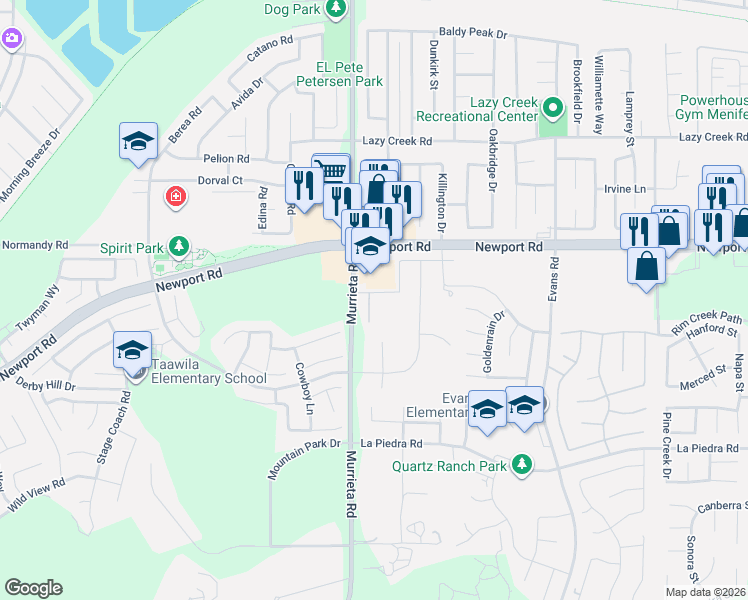 map of restaurants, bars, coffee shops, grocery stores, and more near 26041 San Quintin Road in Menifee