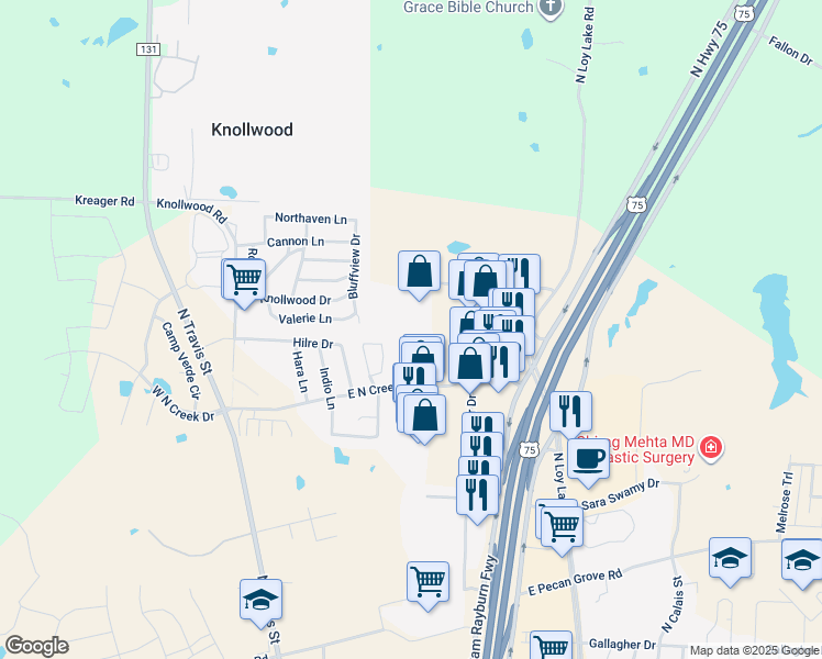 map of restaurants, bars, coffee shops, grocery stores, and more near 20 in Sherman