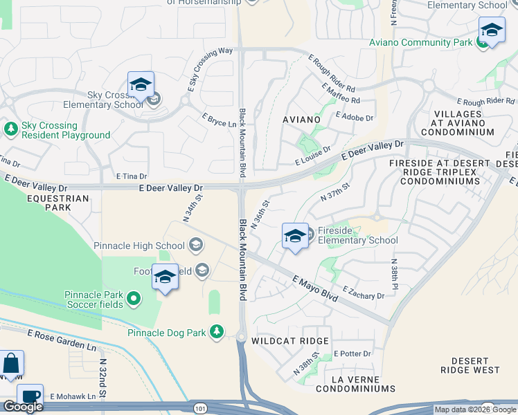 map of restaurants, bars, coffee shops, grocery stores, and more near 3610 East Half Hitch Place in Phoenix