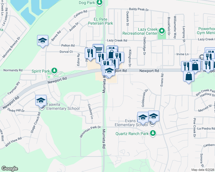 map of restaurants, bars, coffee shops, grocery stores, and more near 30205 Bauman Lane in Menifee