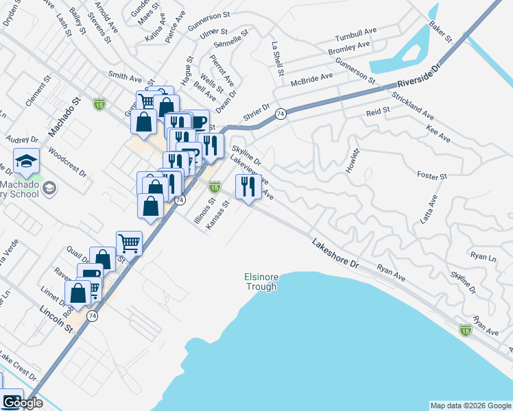 map of restaurants, bars, coffee shops, grocery stores, and more near 31040 Iowa Street in Lake Elsinore